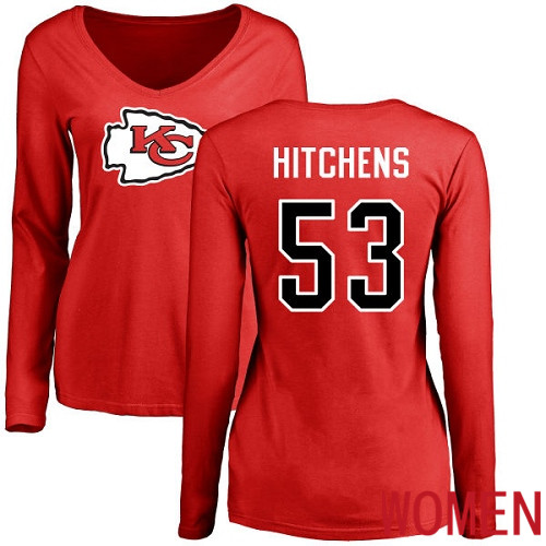 Women Kansas City Chiefs #53 Hitchens Anthony Red Name and Number Logo Slim Fit Long Sleeve NFL T Shirt